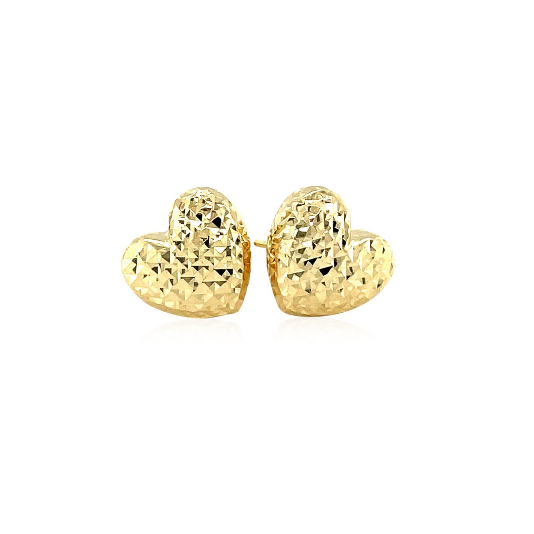 14k Yellow Gold Puffed Heart Earrings with Diamond Cuts - DestGlow