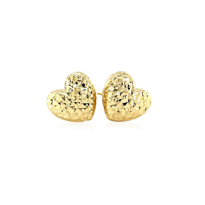14k Yellow Gold Puffed Heart Earrings with Diamond Cuts - DestGlow