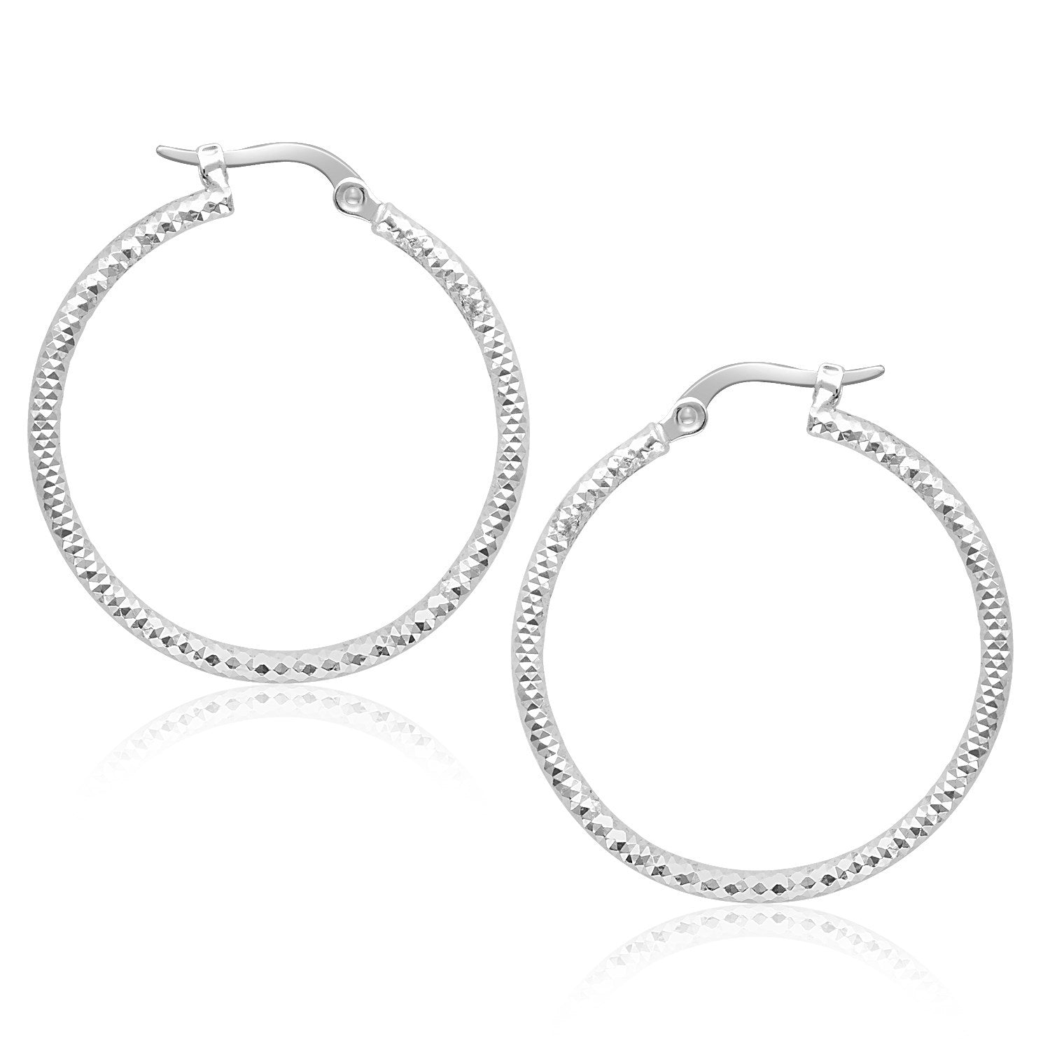 14k White Gold Tube Textured Round Hoop Earrings - earrings