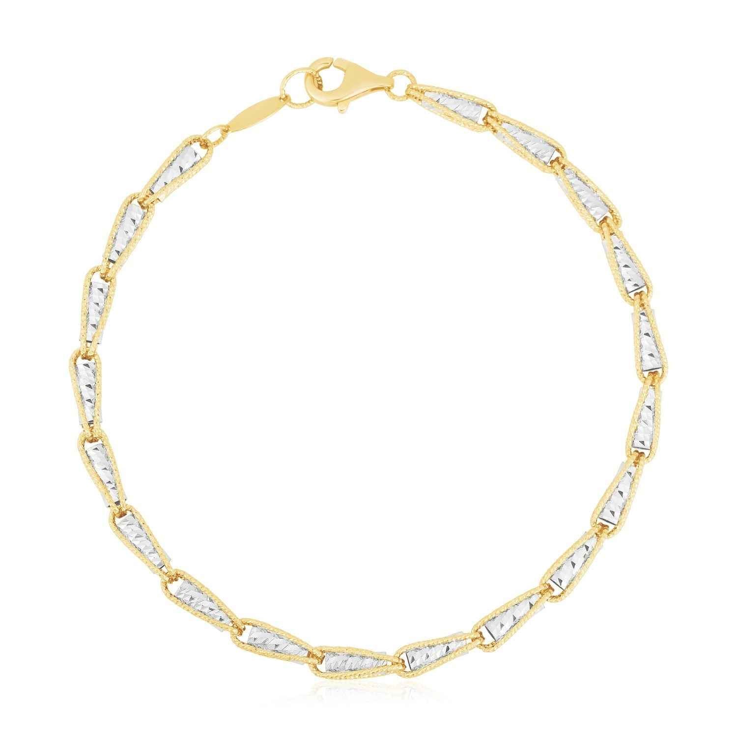 14k Two Tone Gold High Polish Diamond Cut Link Chain Bracelet