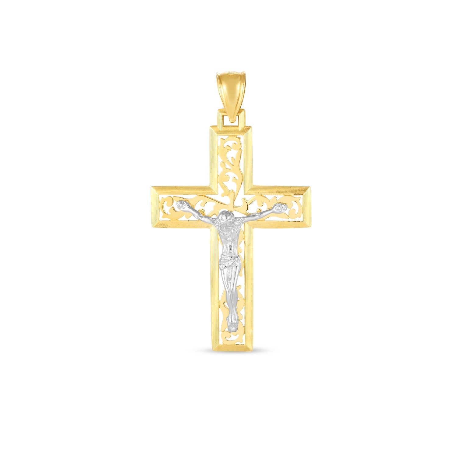 14k Two Tone Gold High Polish Diamond Cut Cross Pendant - necklaces