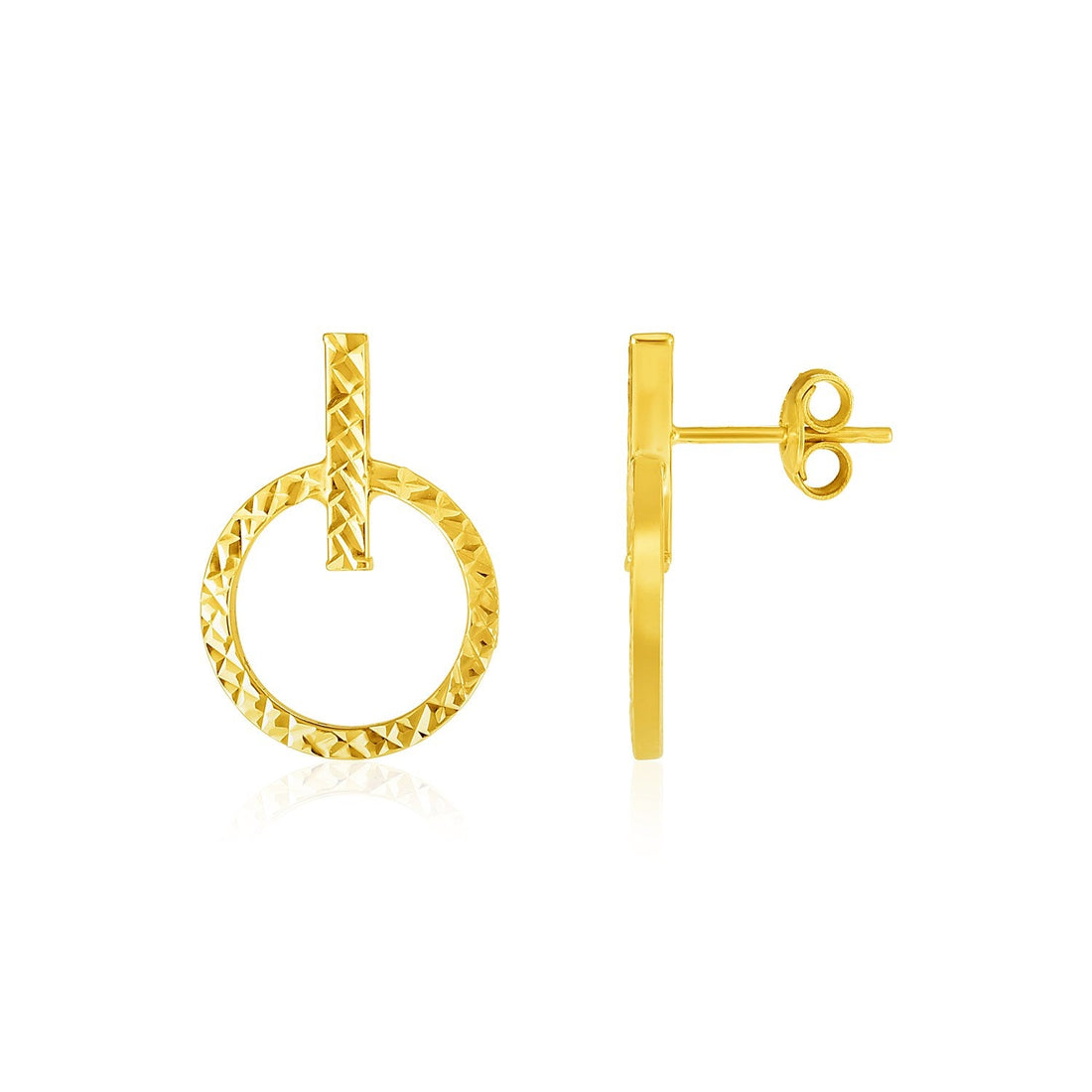 14k Yellow Gold Textured Circle and Bar Post Earrings - accessories