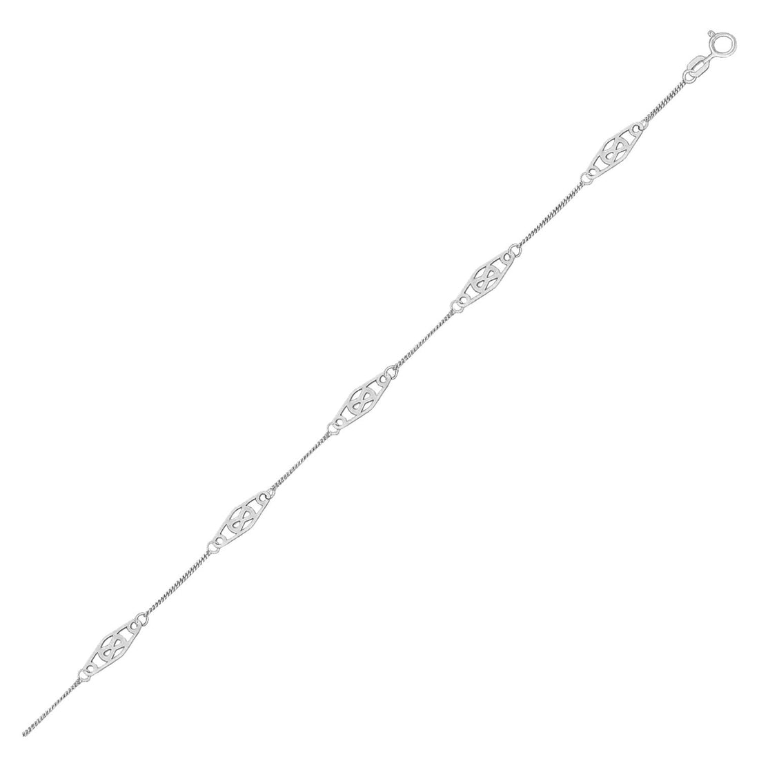 14k White Gold Anklet with Fancy Diamond Shape Filigree Stations by Avera Group