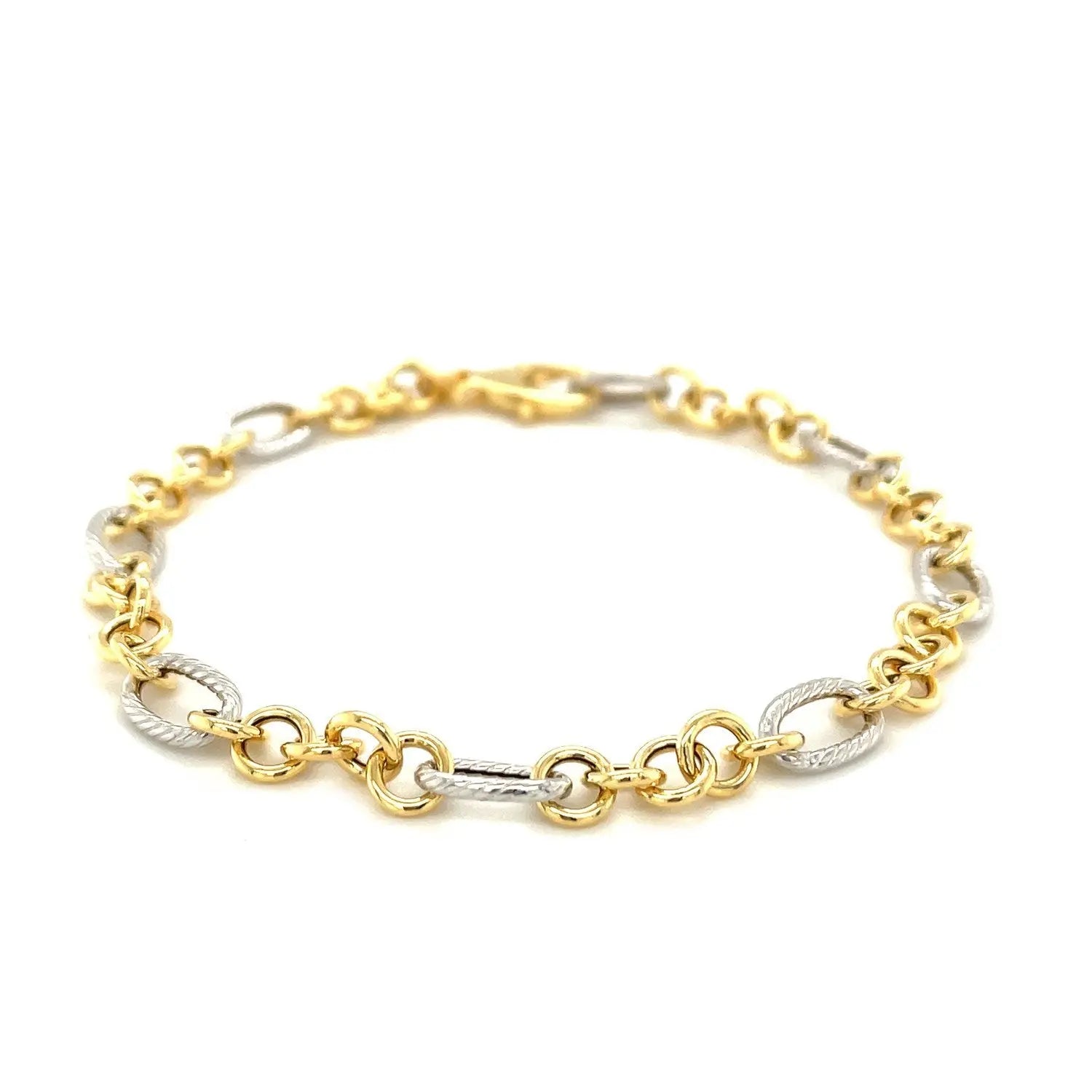 14k Two-Tone Gold Rope Motif Oval and Round Link Chain Bracelet 
