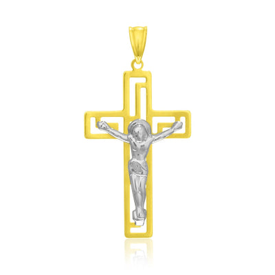 14k Two-Tone Gold Cross with Figure Pendant - necklaces
