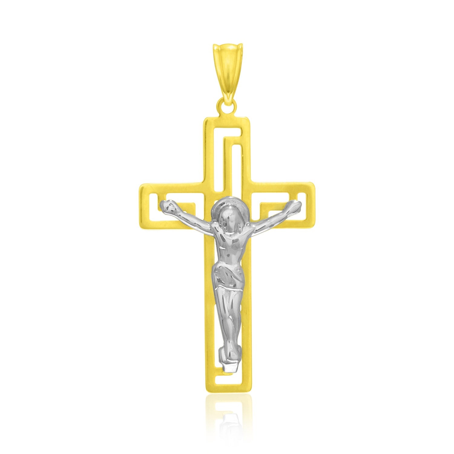 14k Two-Tone Gold Cross with Figure Pendant - necklaces