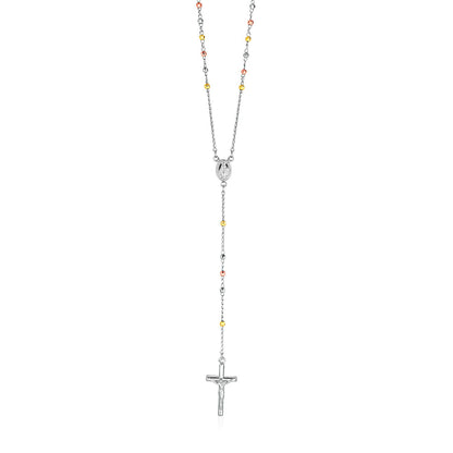 Three Toned Rosary Chain and Bead Necklace in Sterling Silver by Avera Group