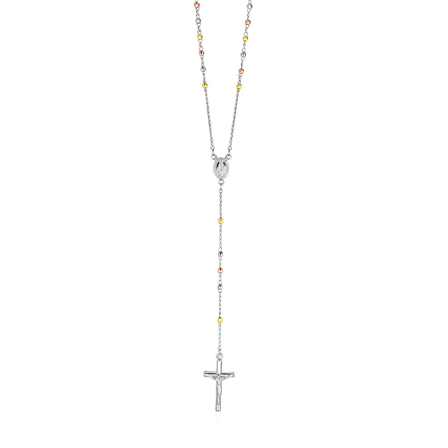 Three Toned Rosary Chain and Bead Necklace in Sterling Silver 