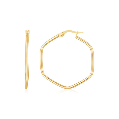 14K Yellow Gold Hexagon Hoop Rounded Edge Earrings 