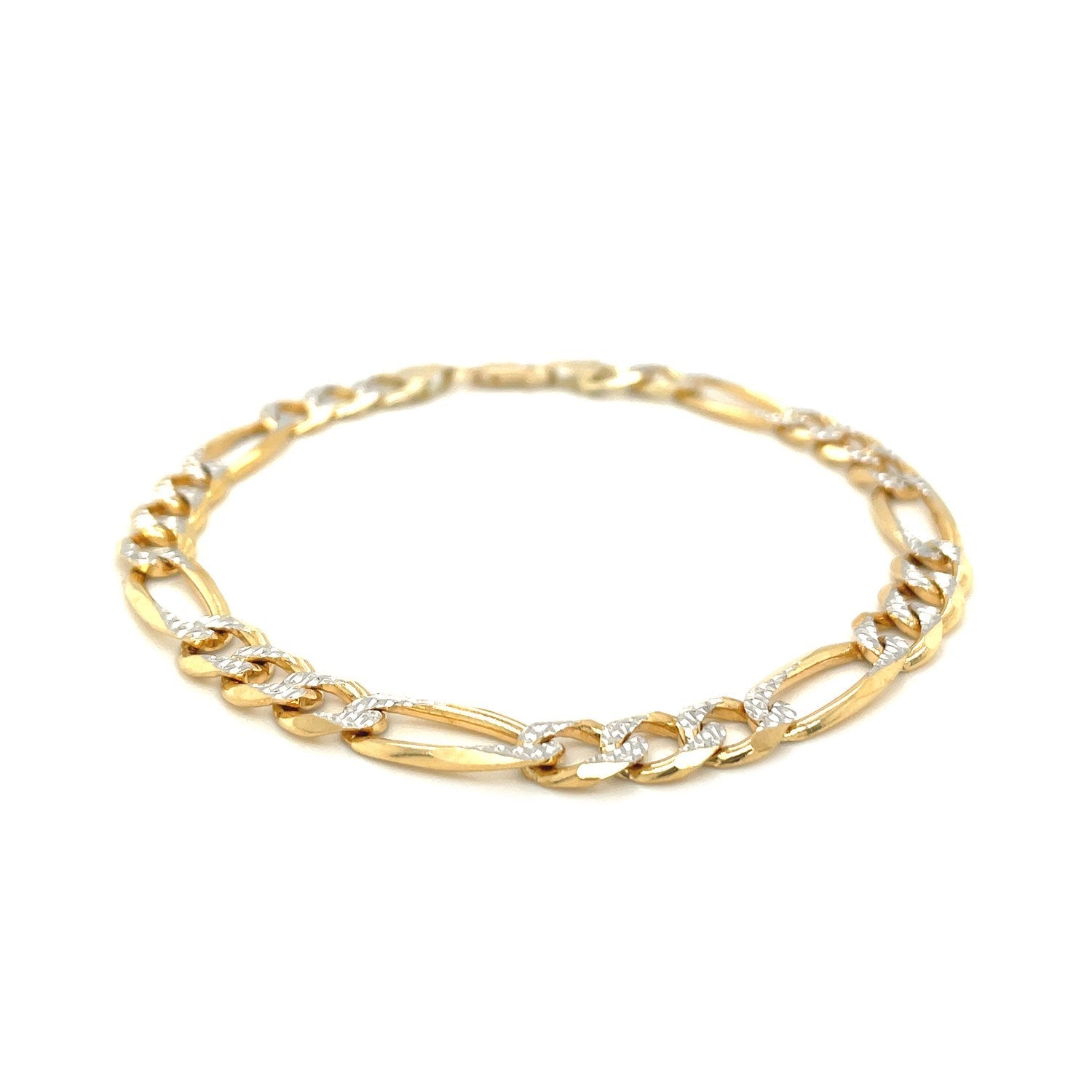 7.0mm 14K Yellow Two Tone Solid Pave Figaro Bracelet by Bids.com