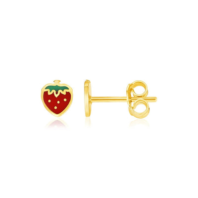 14k Yellow Gold Enameled Strawberry Childrens Earrings - accessories