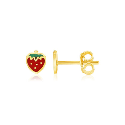 14k Yellow Gold Enameled Strawberry Childrens Earrings - accessories