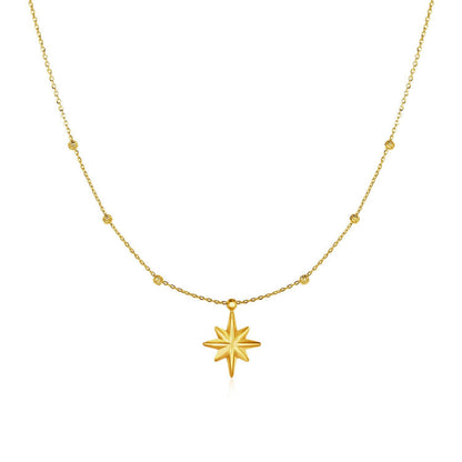 14k Yellow Gold Necklace with Eight Pointed Star and Beads - necklaces