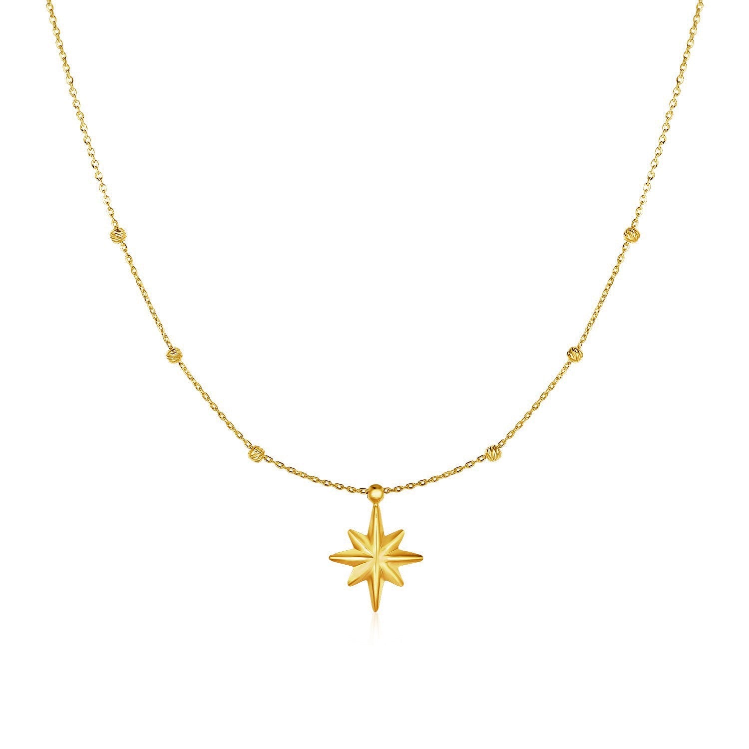 14k Yellow Gold Necklace with Eight Pointed Star and Beads - necklaces