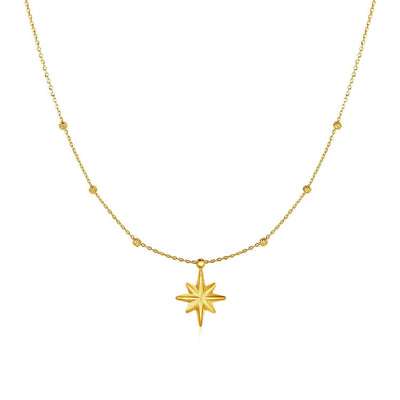 14k Yellow Gold Necklace with Eight Pointed Star and Beads - necklaces
