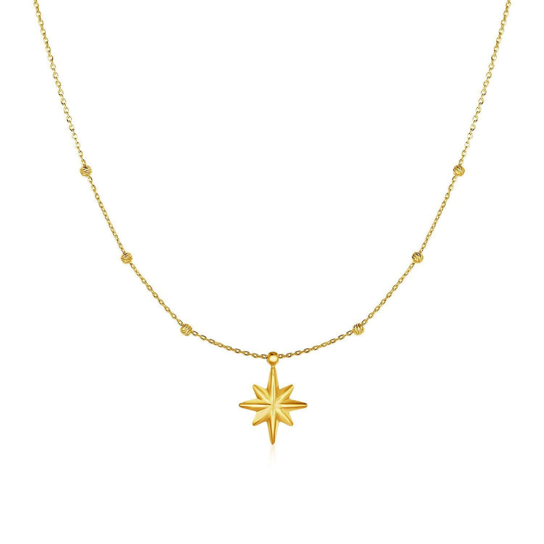 14k Yellow Gold Necklace with Eight Pointed Star and Beads 