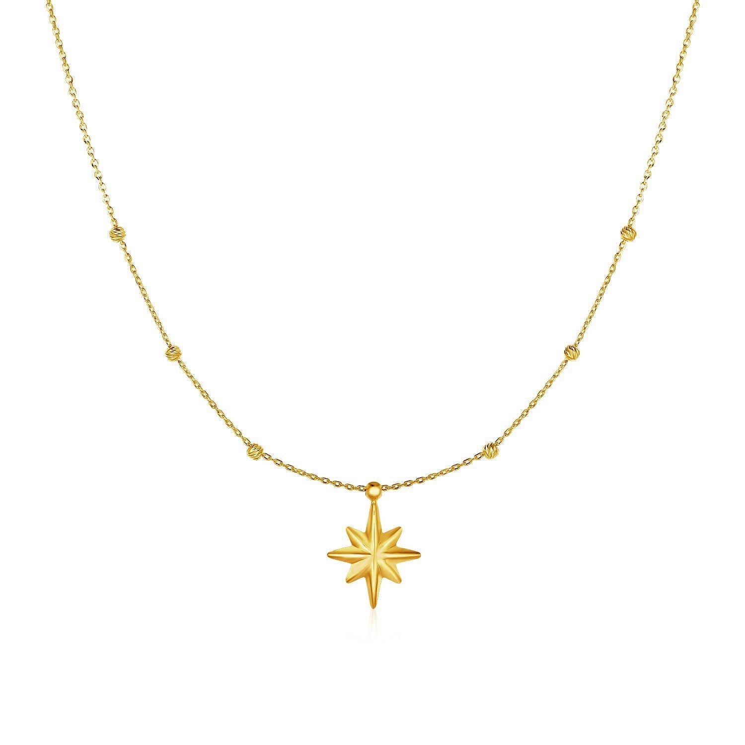14k Yellow Gold Necklace with Eight Pointed Star and Beads  DestGlow