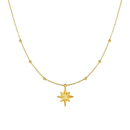 14k Yellow Gold Necklace with Eight Pointed Star and Beads  DestGlow