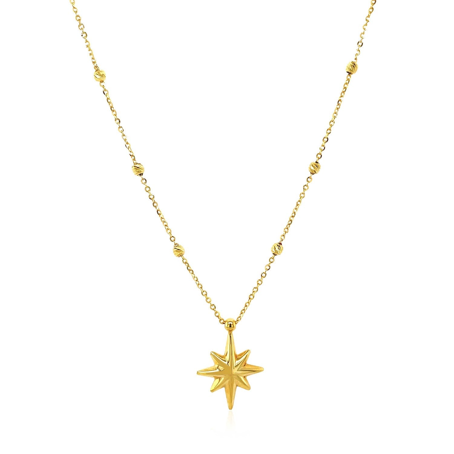 14k Yellow Gold Necklace with Eight Pointed Star and Beads - DestGlow