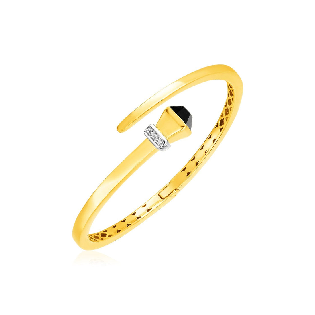 14k Yellow Gold Crossover Style Hinged Bangle Bracelet with Onyx and Diamonds - bracelets