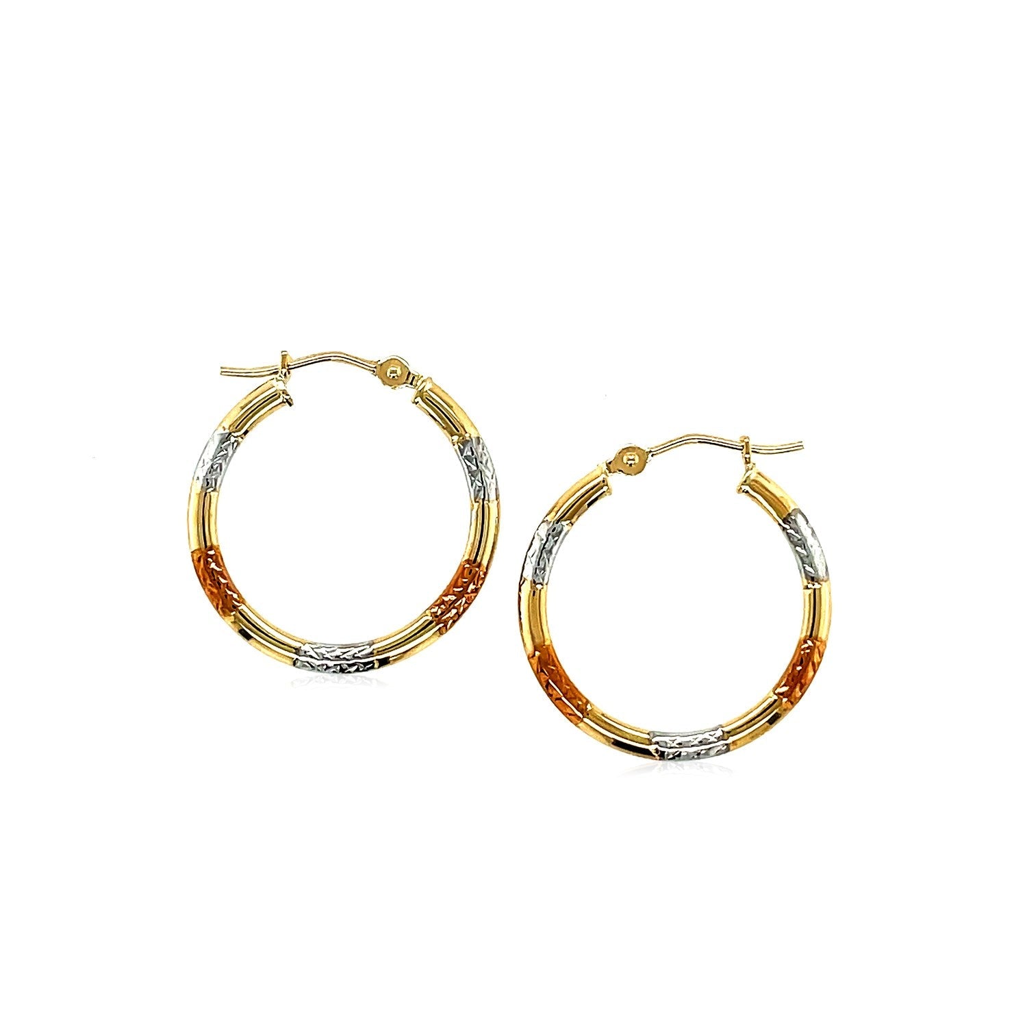 10k Tri-Color Gold Classic Hoop Earrings with Diamond Cut Details(20mm) - DestGlow