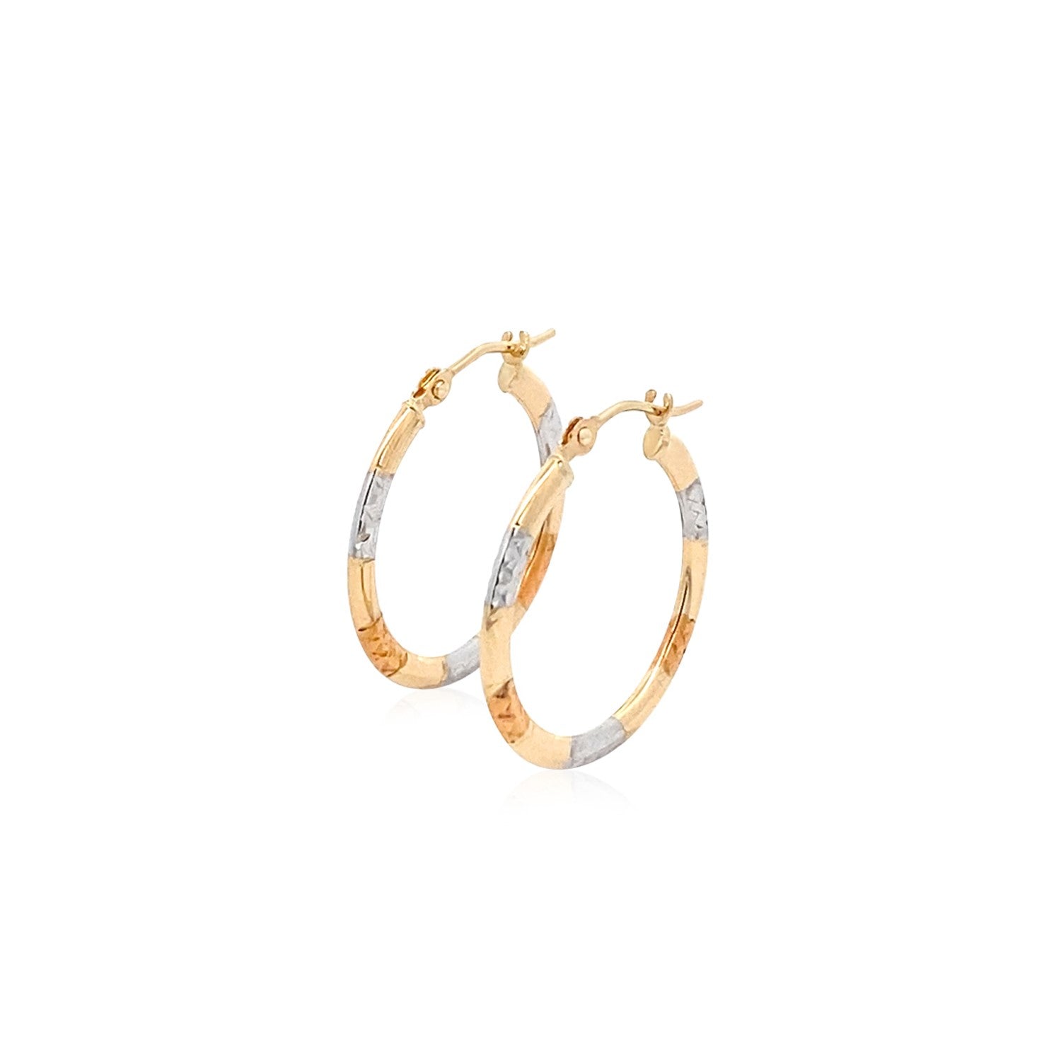 10k Tri-Color Gold Classic Hoop Earrings with Diamond Cut Details by Bids.com