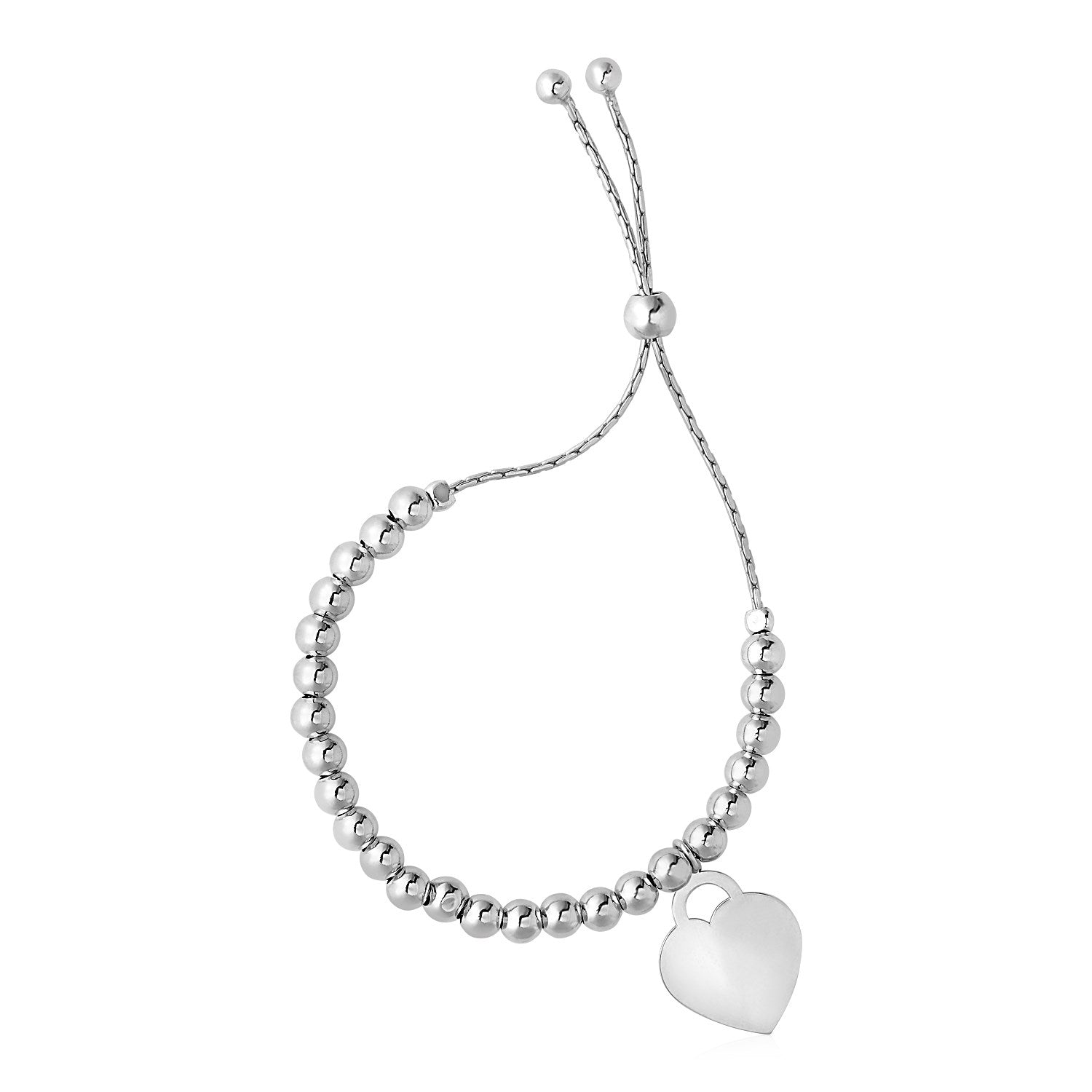 Adjustable Shiny Bead Bracelet with Heart Charm in Sterling Silver (1.30 mm) - DestGlow