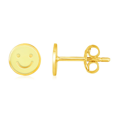 14k Yellow Gold and Enamel Yellow Smiley Face Stud Earrings - earrings