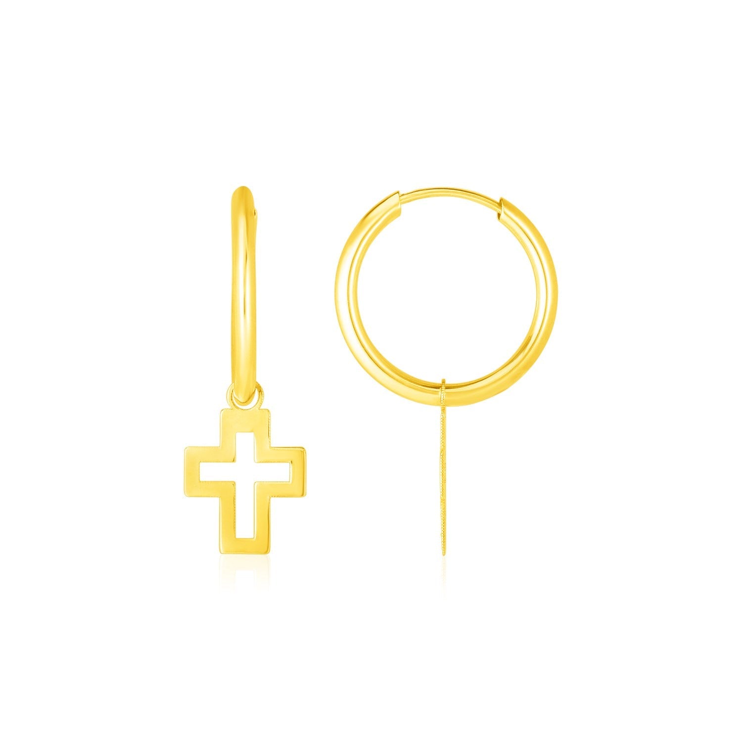 14K Yellow Gold Hoop Polished Earrings with Crosses by Avera Group