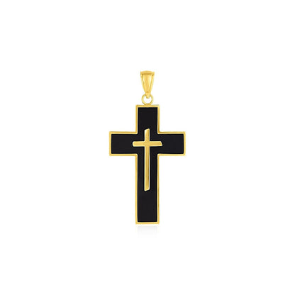 Cross Pendant with Black Enamel in 14k Yellow Gold  DestGlow