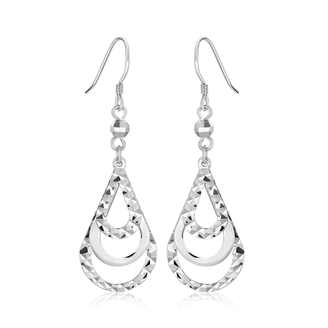 Sterling Silver Textured Graduated Open Teardrop Dangling Style Earrings - DestGlow