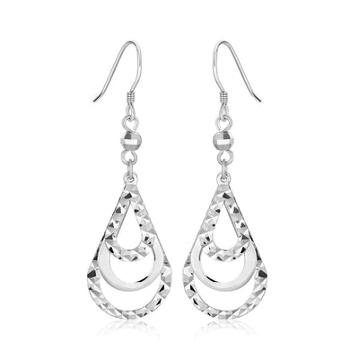 Sterling Silver Textured Graduated Open Teardrop Dangling Style Earrings - DestGlow
