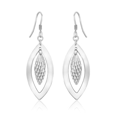 Sterling Silver Dangling Earrings with Dual Open and Textured Marquis Shapes - DestGlow