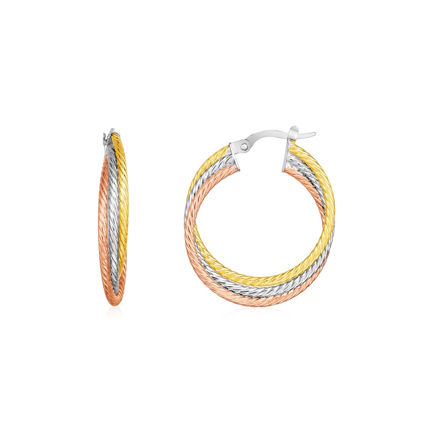 14k Tri Color Gold Three Part Round Hoop Earrings - earrings