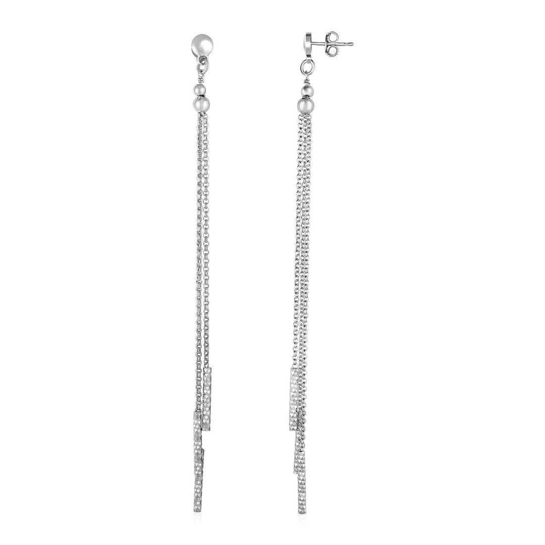 Long Chain Tassel and Textured Bar Drop Earrings in Sterling Silver - DestGlow