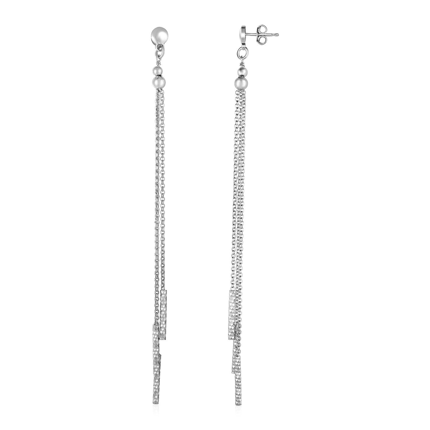 Long Chain Tassel and Textured Bar Drop Earrings in Sterling Silver - DestGlow