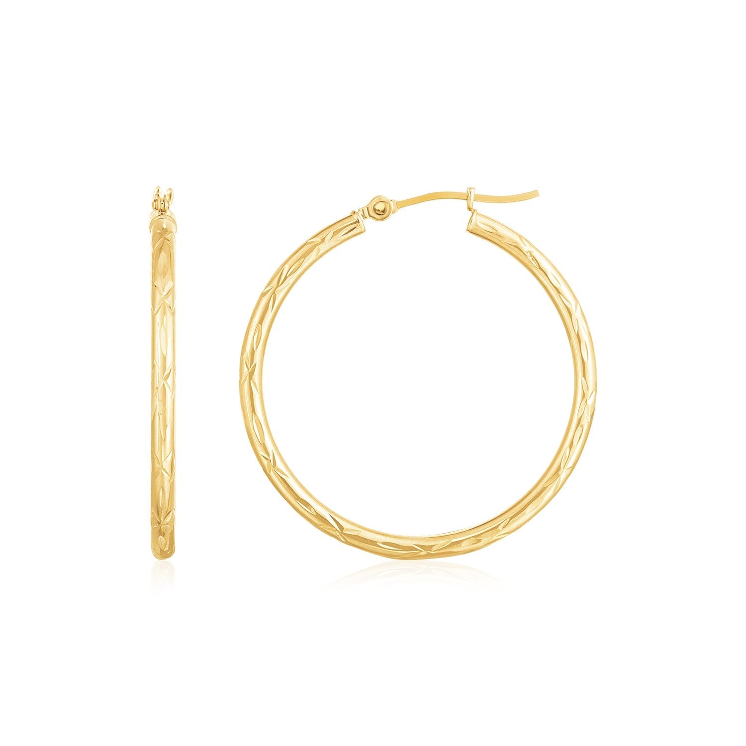 14K Yellow Gold Diamond Cut Hoop Earrings(2x30mm) - earrings