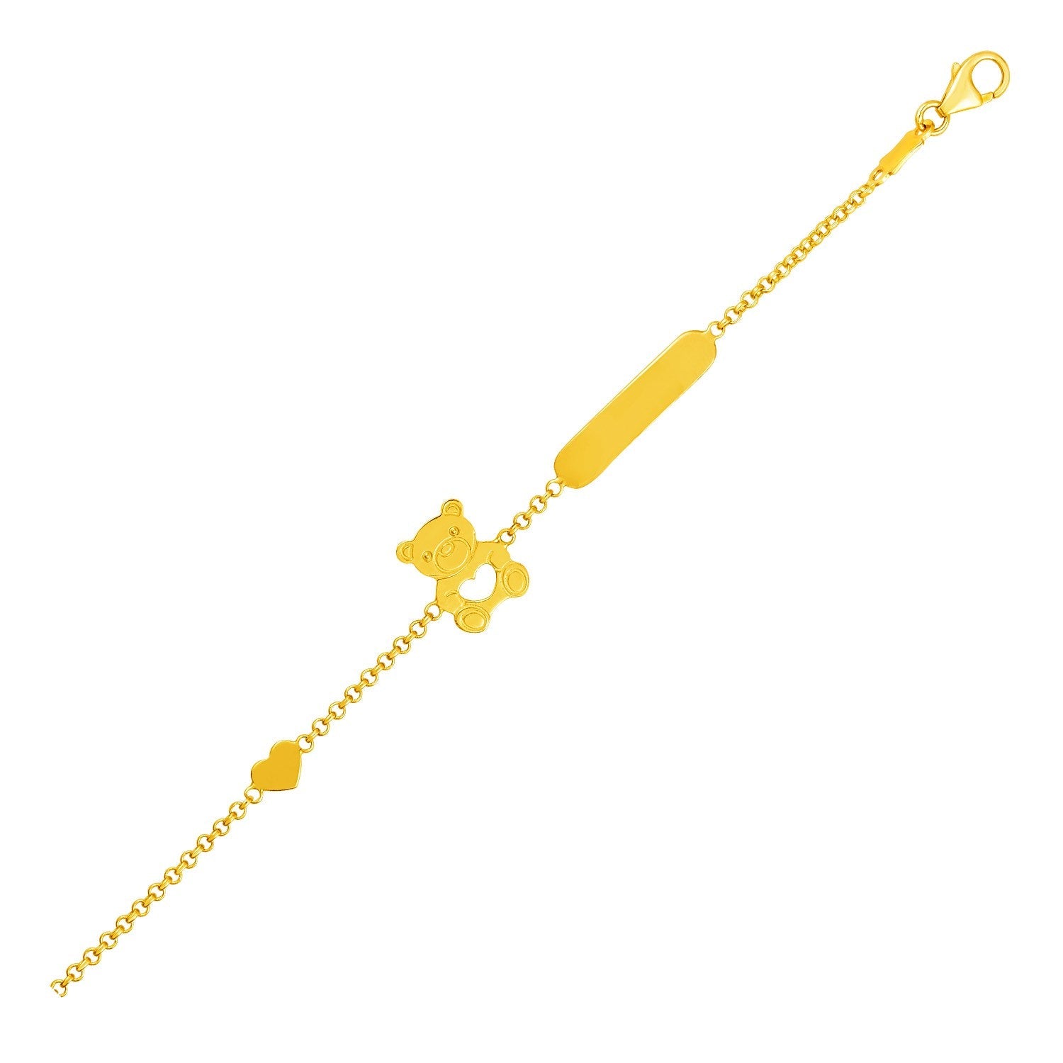 14k Yellow Gold Childrens Bracelet with Teddy Bear Heart and Bar by Avera Group
