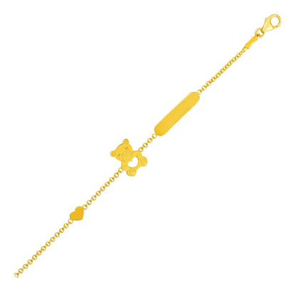 14k Yellow Gold Childrens Bracelet with Teddy Bear Heart and Bar by Avera Group