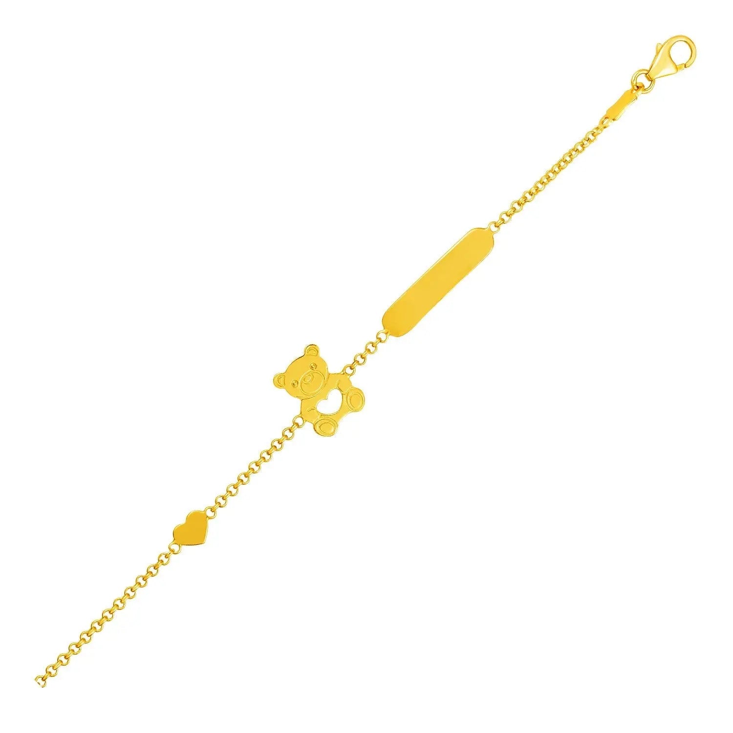 14k Yellow Gold Childrens Bracelet with Teddy Bear Heart and Bar 