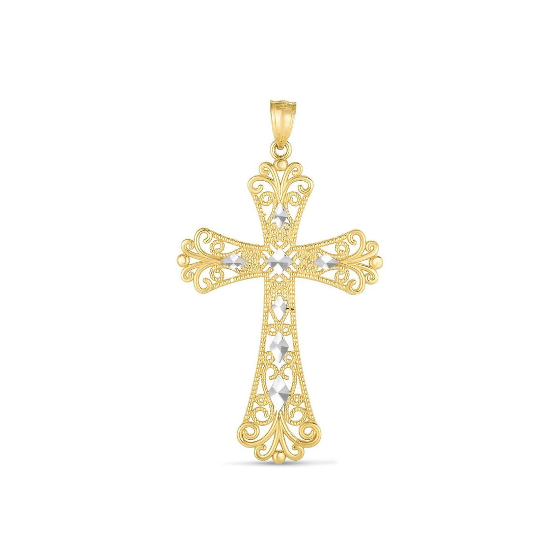 14k Two Tone Gold High Polish Diamond Cut Cross Pendant - necklaces