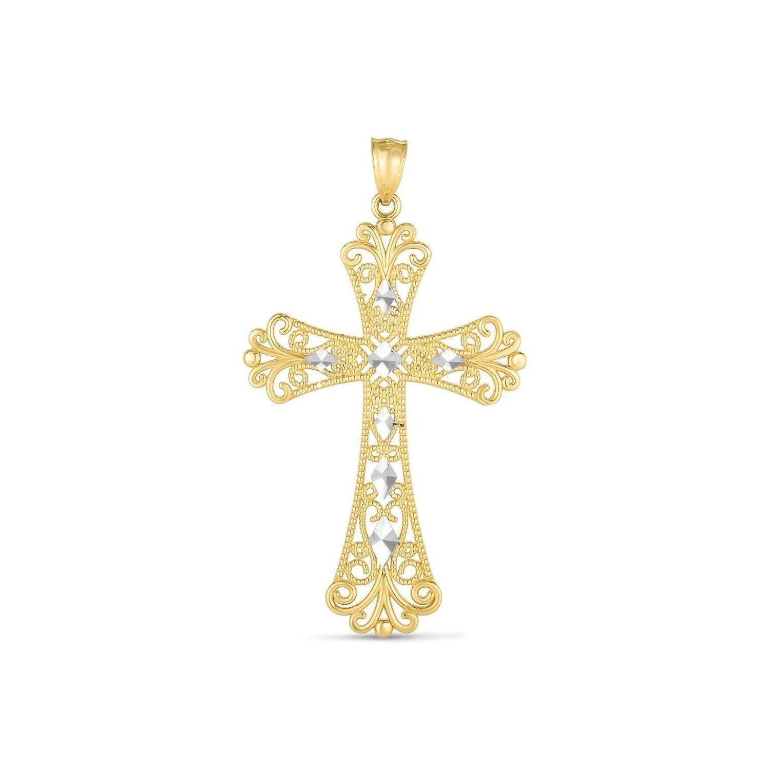 14k Two Tone Gold High Polish Diamond Cut Cross Pendant 