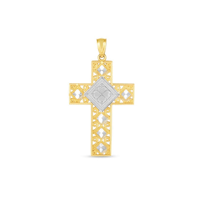 14k Two Tone Gold High Polish Diamond Cut Cross Pendant by Bids.com