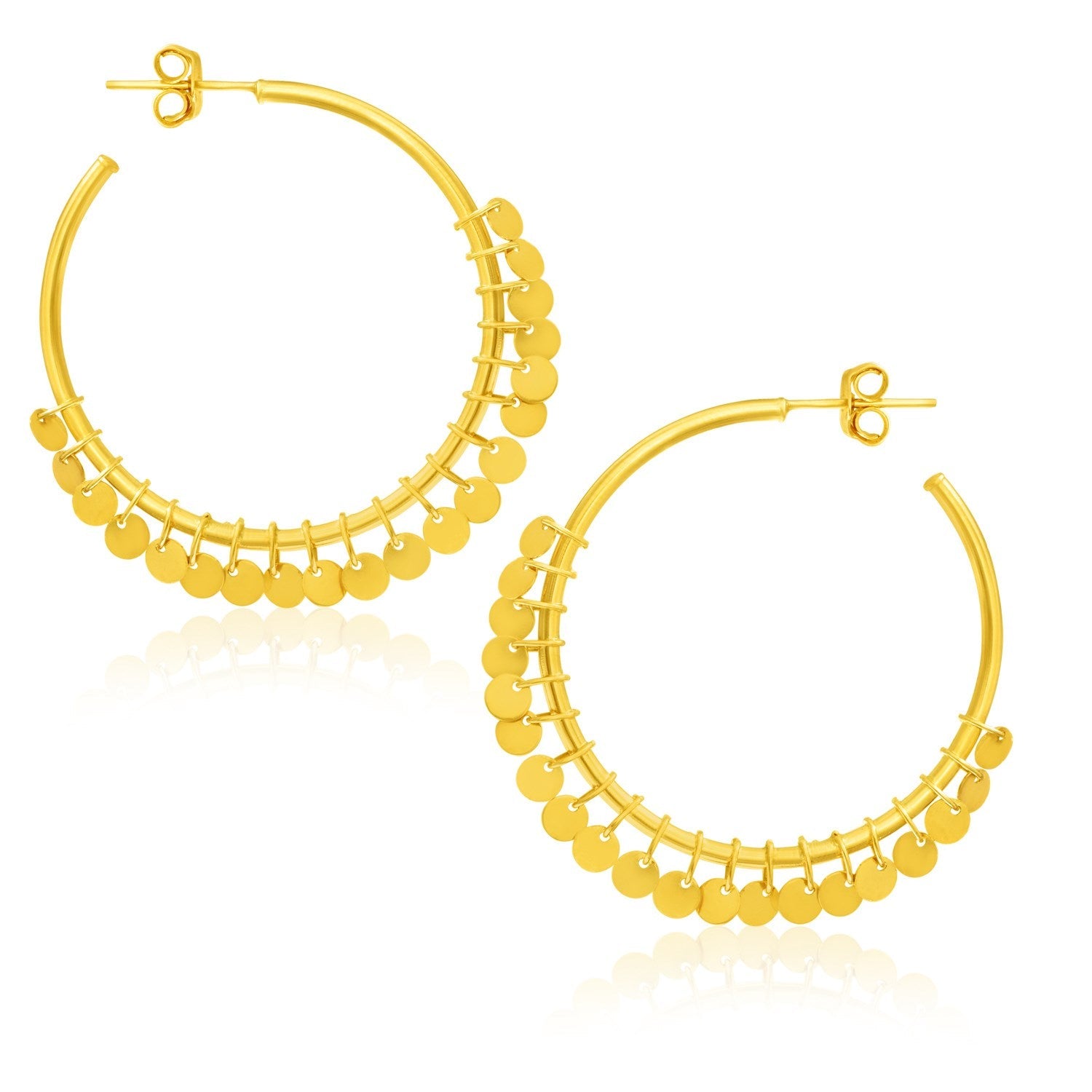 14k Yellow Gold Hoop Style Earrings with Dangling Sequins(1.5x30mm) - earrings