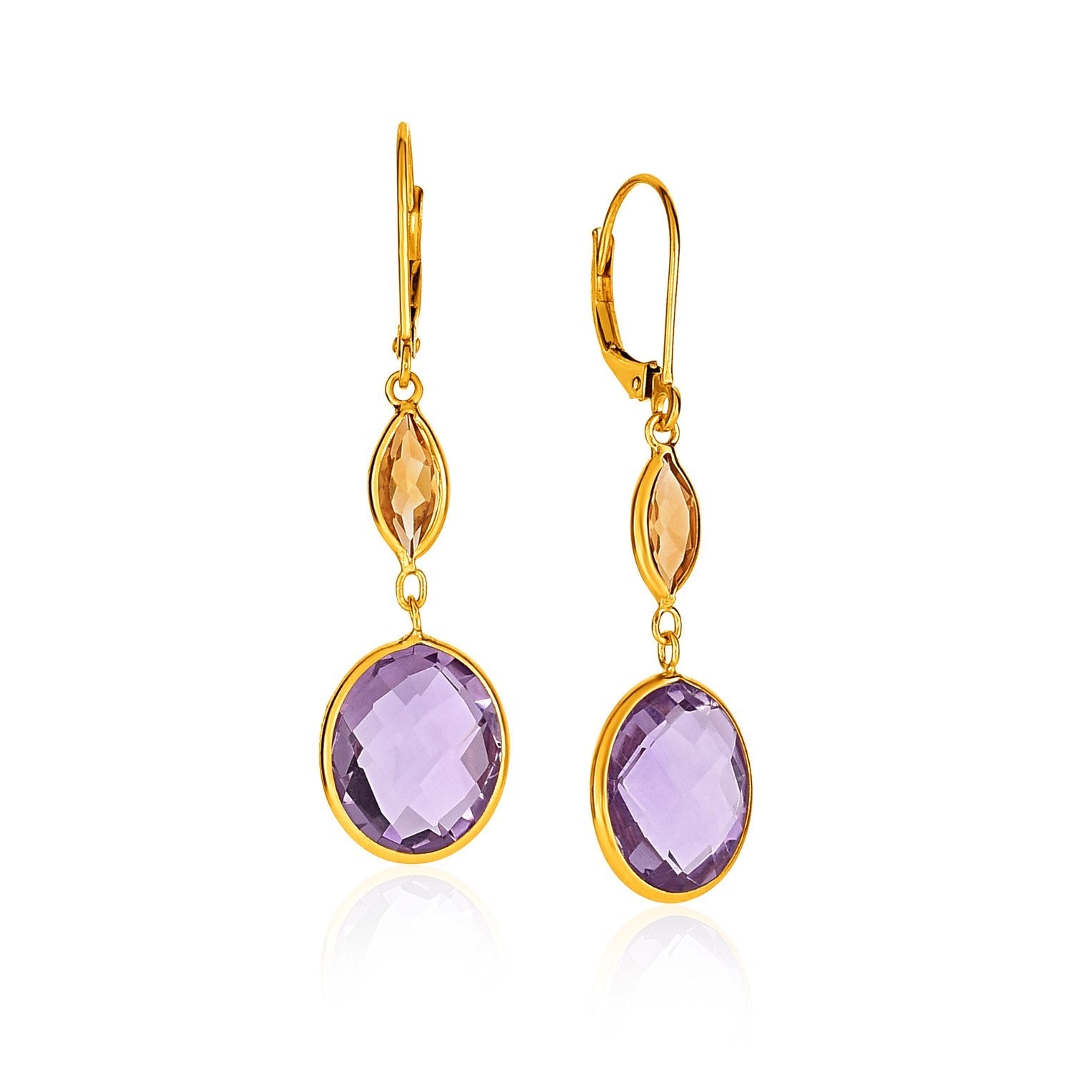 14k Yellow Gold Drop Earrings with Citrine and Amethyst Briolettes - earrings