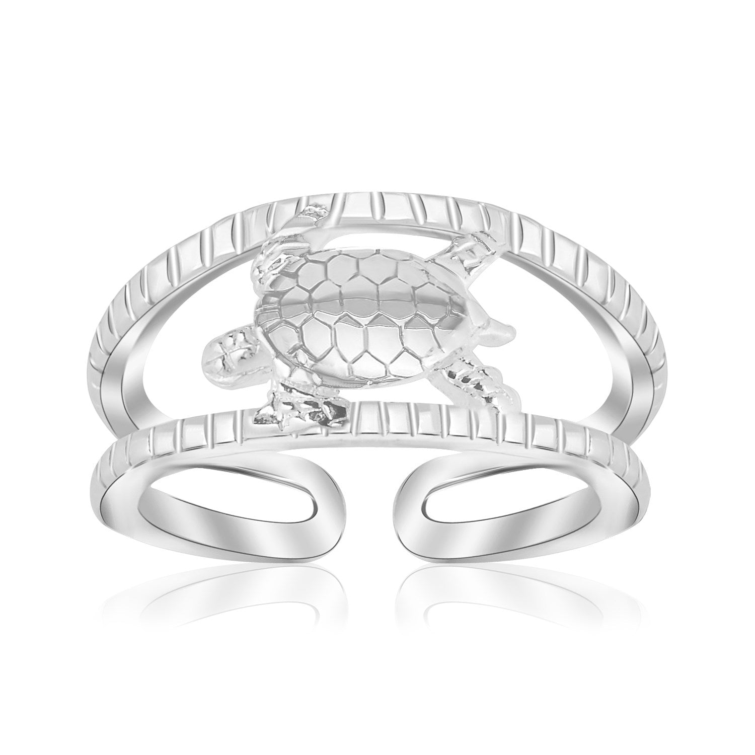 Sterling Silver Rhodium Plated Open Toe Ring with a Turtle Accent - DestGlow