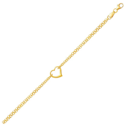 10k Yellow Gold Double Rolo Chain Anklet with an Open Heart Station - necklaces