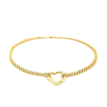 10k Yellow Gold Double Rolo Chain Anklet with an Open Heart Station  DestGlow