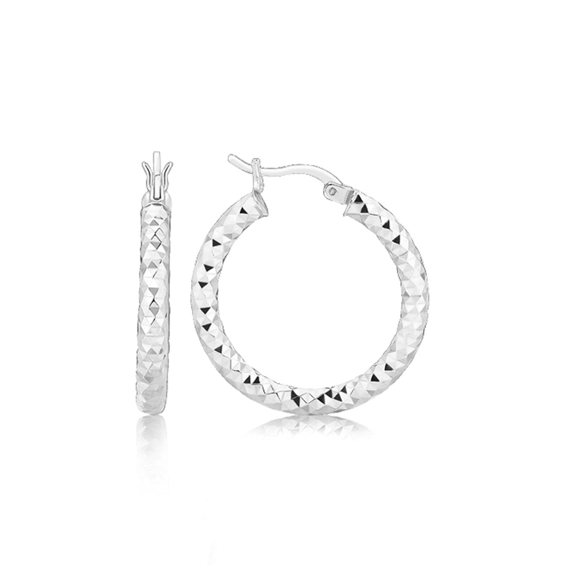 Sterling Silver Faceted Style Hoop Earrings with Rhodium Finishing - DestGlow