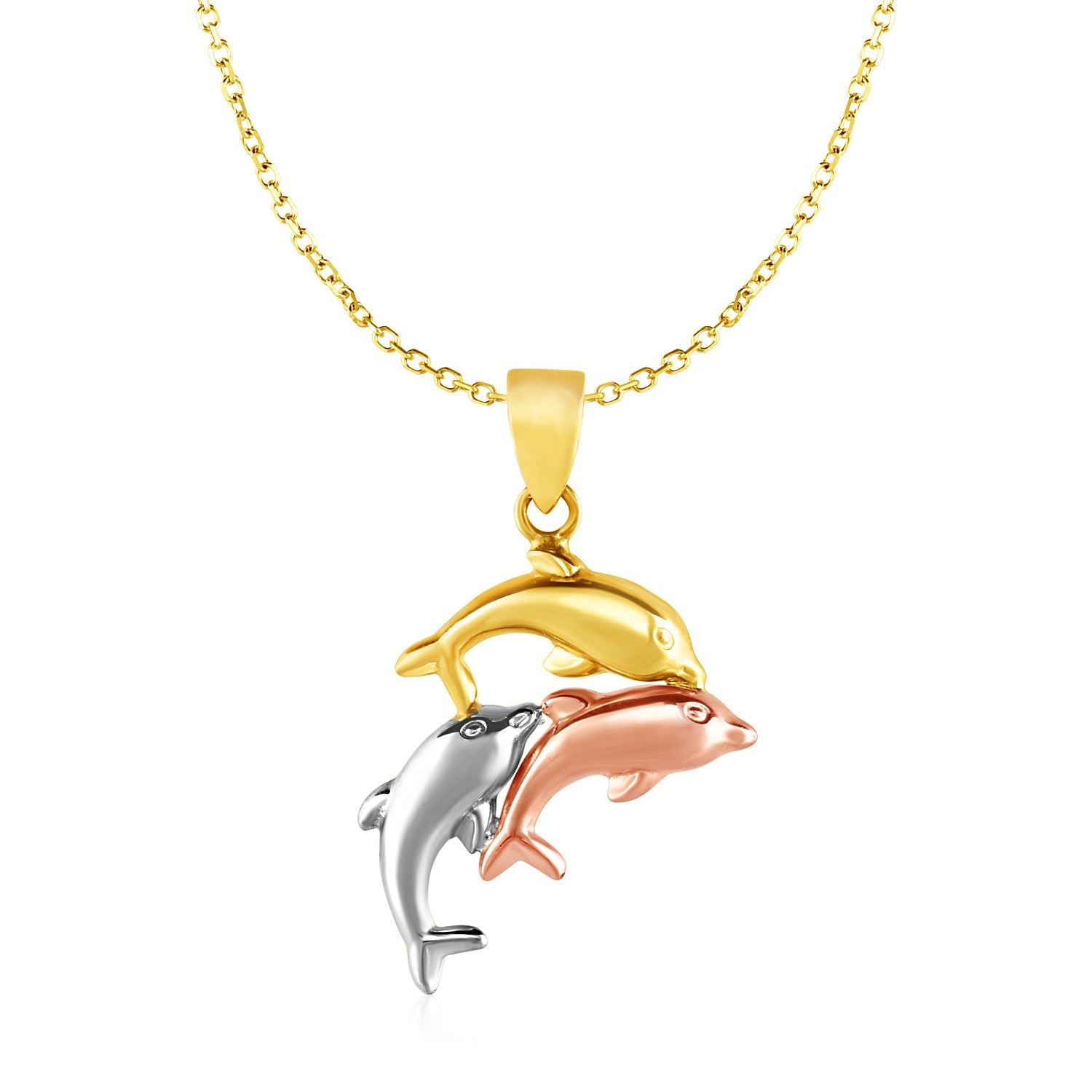 Pendant with Three Dolphins in 10k Tri Color Gold - DestGlow